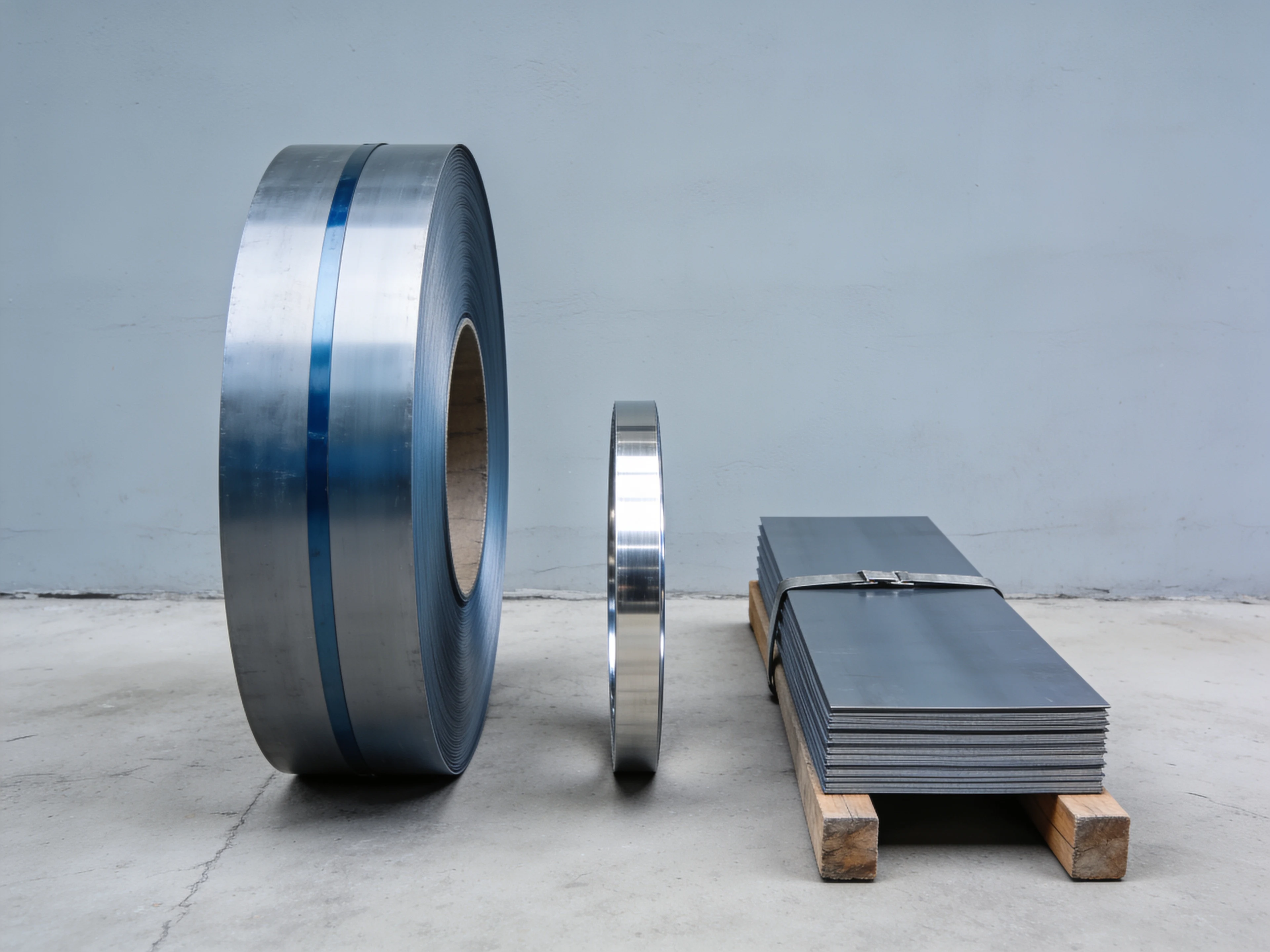Coil, Edelstahlband und Blechstapel nebeneinander