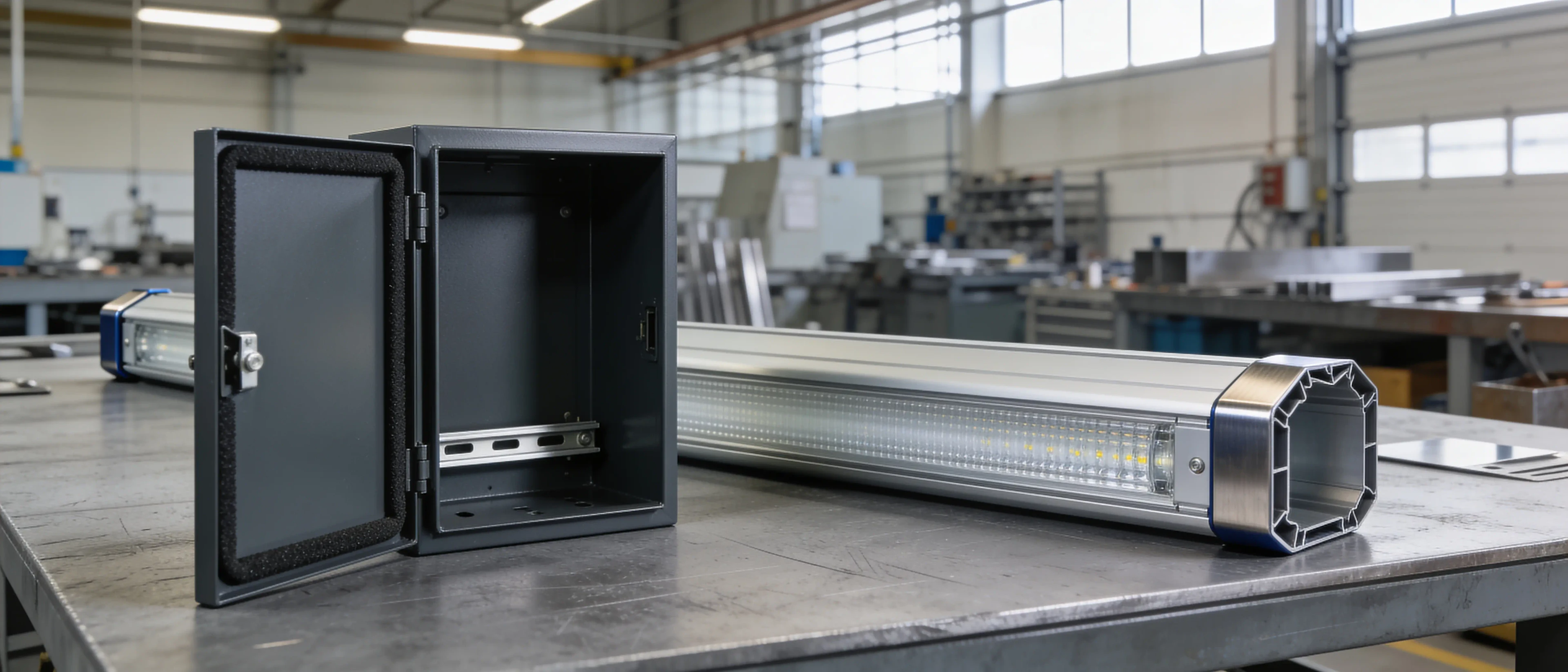 Pulverbeschichtetes Signalgehäuse mit offener Tür und ein Leuchtengehäuse aus Aluminium