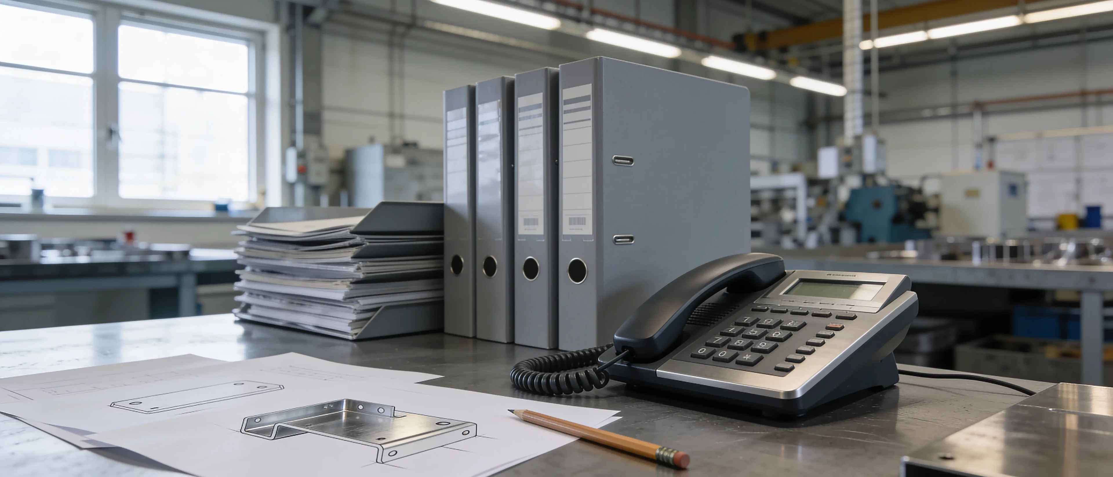 Schreibtisch mit Telefon, Ordnern und Zeichnungen eines Blechteils