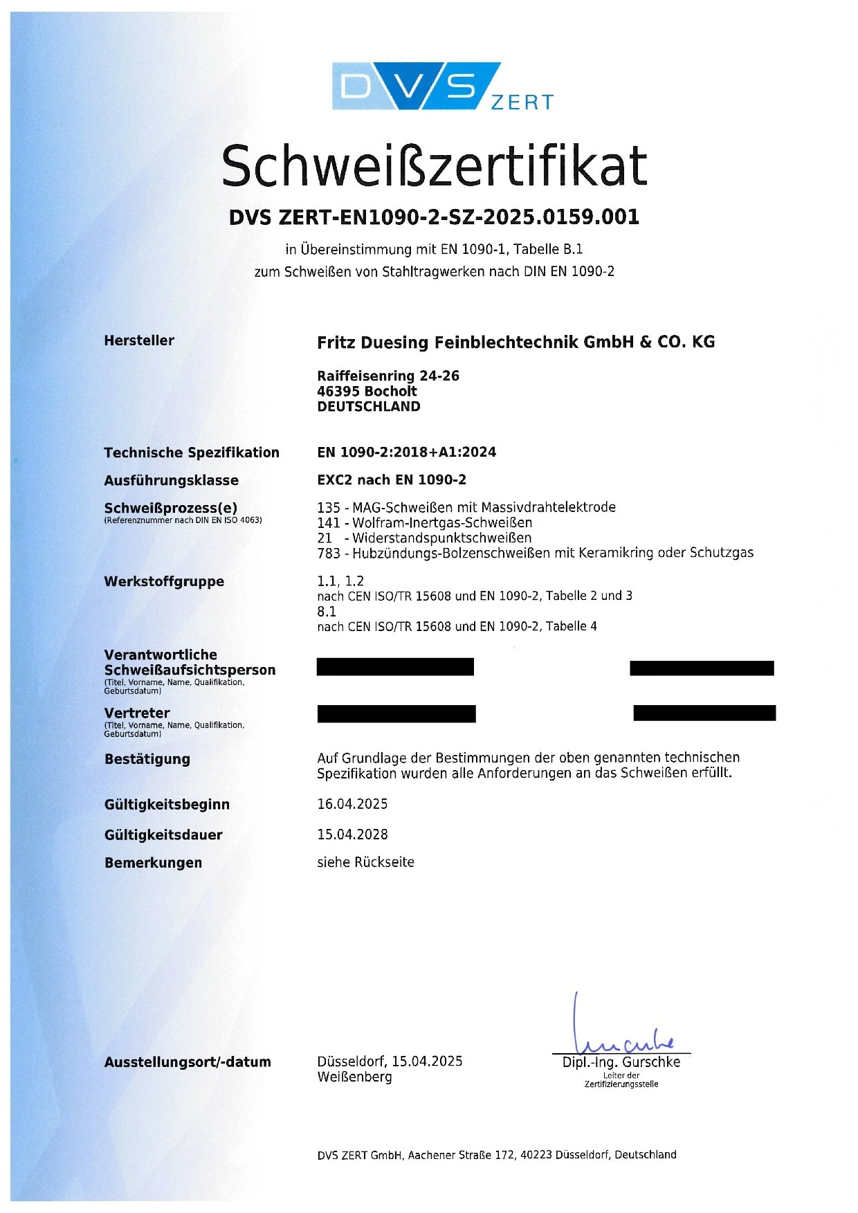 Zertifikat EN 1090-2, gültig 2025 bis 2028