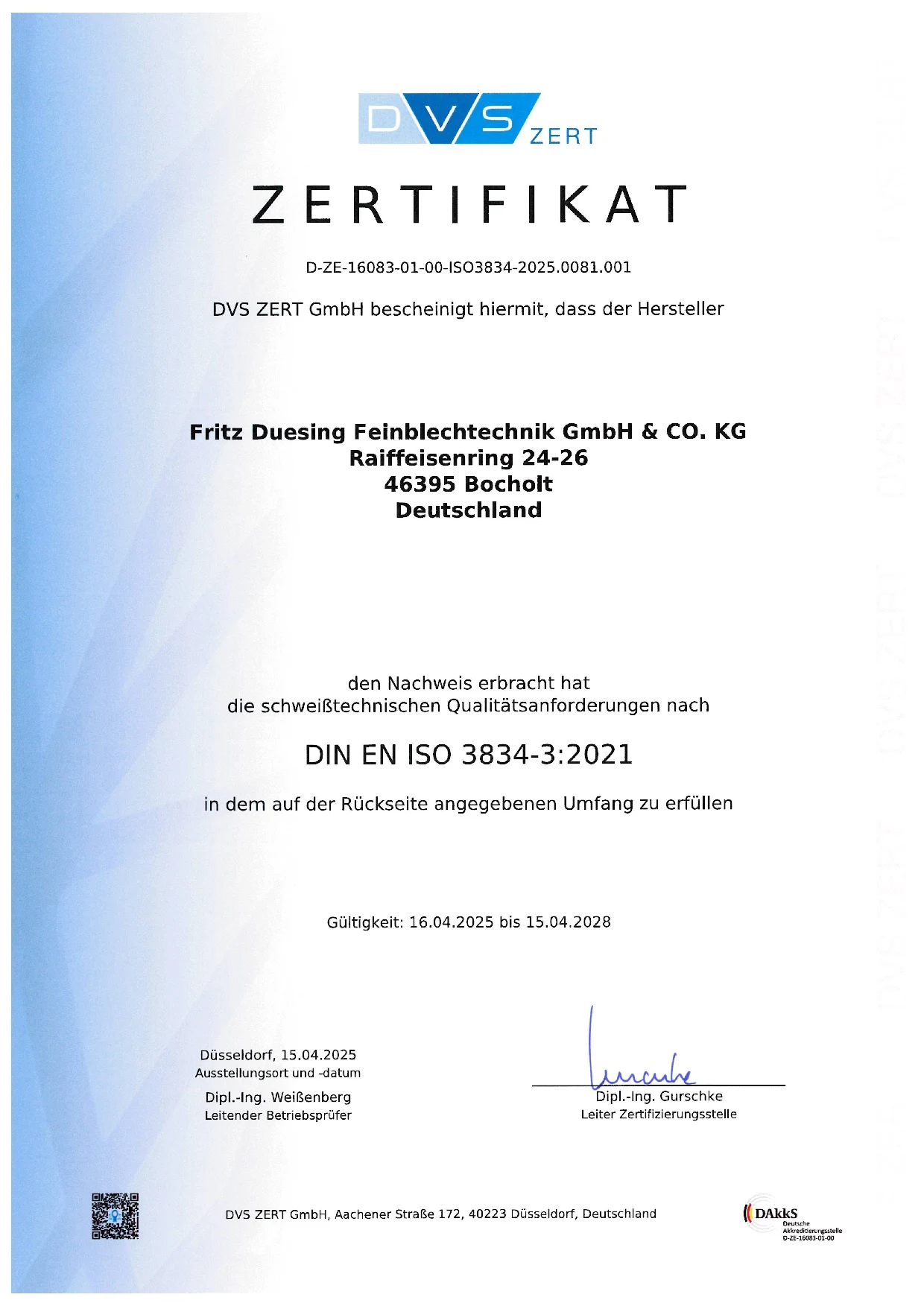Zertifikat DIN EN ISO 3834-3, gültig 2025 bis 2028