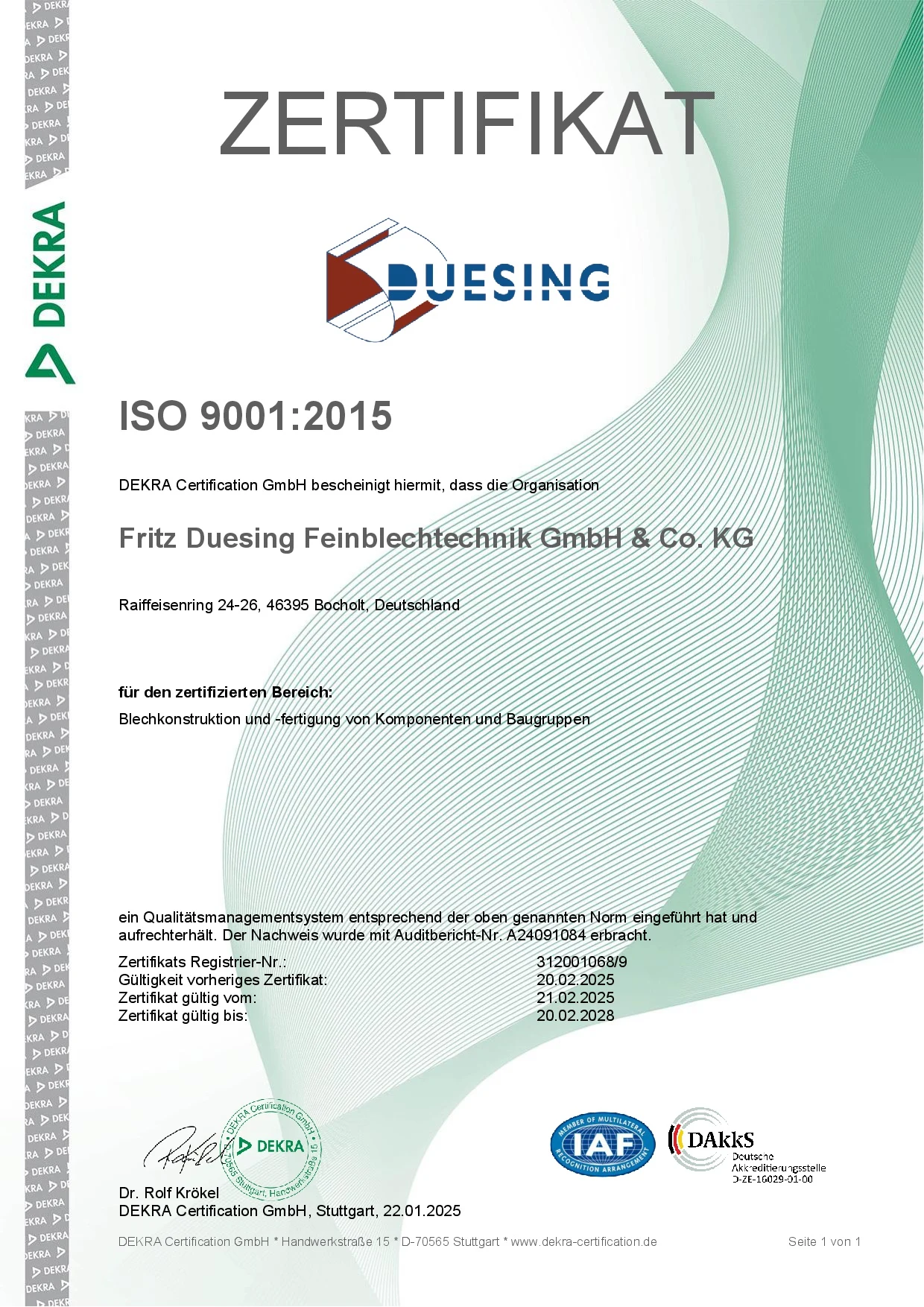 Zertifikat DIN EN ISO 9001:2015, gültig 2025 bis 2028